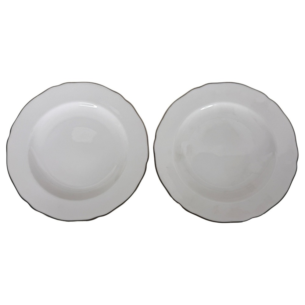 2 Spode Nordic Silver Salad Luncheon Plates Bone China White Scalloped Trim Set